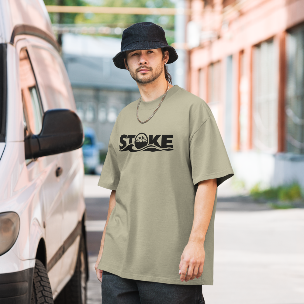 Model wearing the STOKE Heavyweight Trail Tee in Faded Eucalyptus
