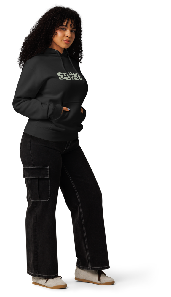 Model wearing the STOKE heavyweight hoodie in Black