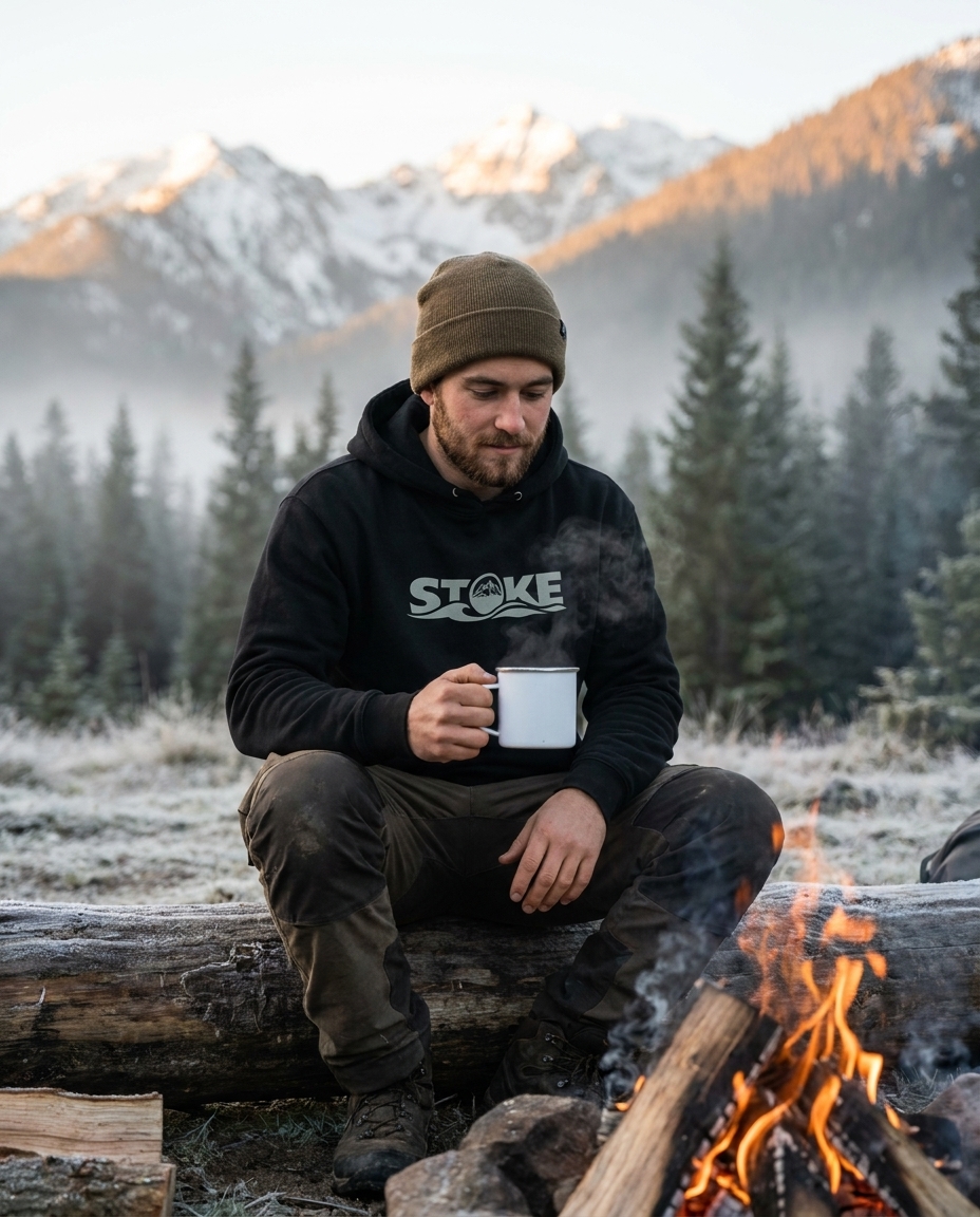 Man at a cold mountain morning campfire wearing the STOKE heavyweight hoodie in Black with front print