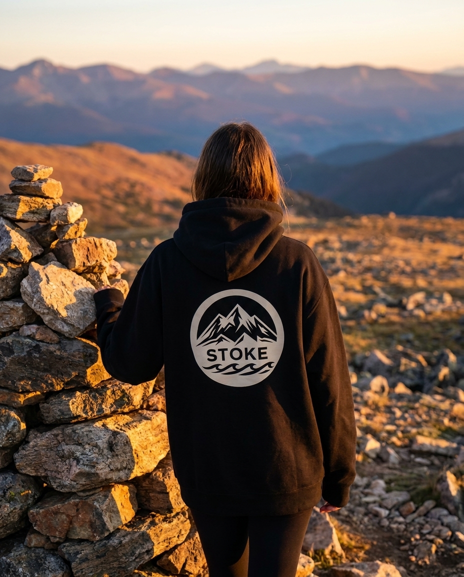 Woman at a mountain summit wearing the STOKE Super Heavyweight Front + Back Hoodie in Black, back mountain graphic